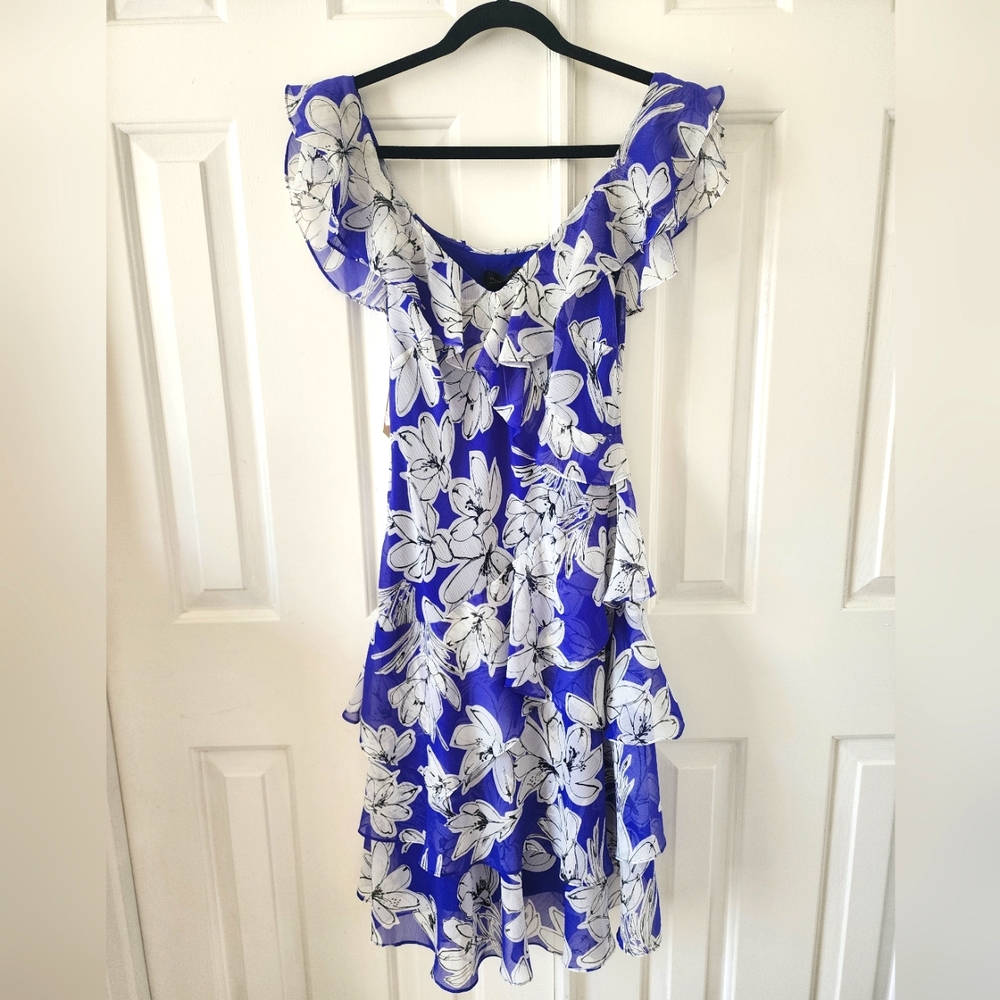 Donna Karan floral blue ruffle dress